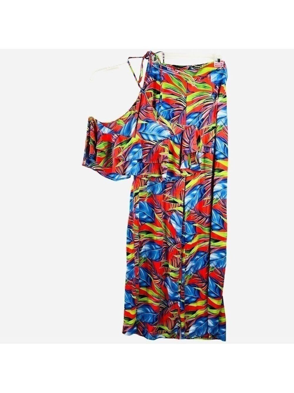 New-shop17 Two Pc Set Tropical Multi color, Ruffled Top Wide Leg Neck Tie Pants